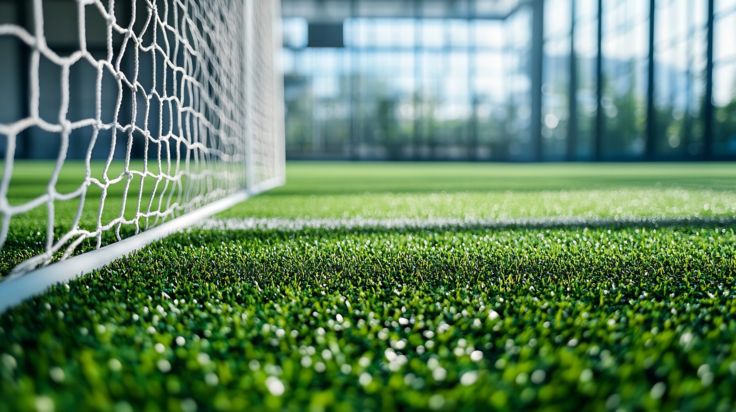 Soccer goal net on indoor soccer field with white border on artificial green grass : Generative AI